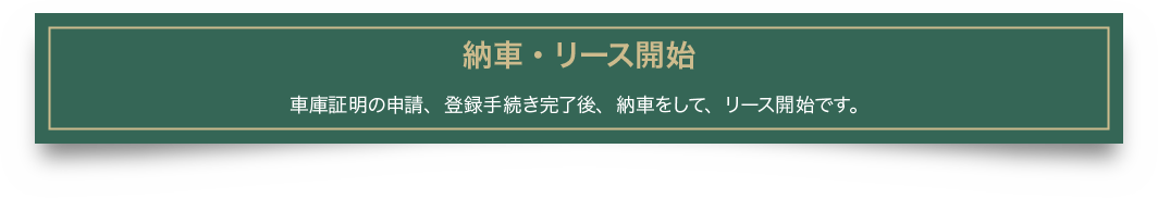 納車・リース開始 車庫証明の申請、登録手続き完了後、納車をして、リース開始です。